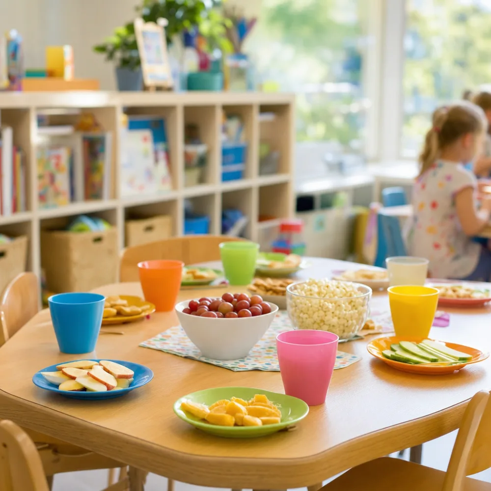 Tidy snack table set with small cups and plates