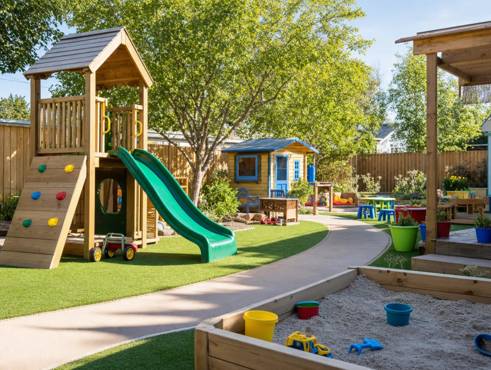 Fenced playground on a bright morning with play structures ready for the day