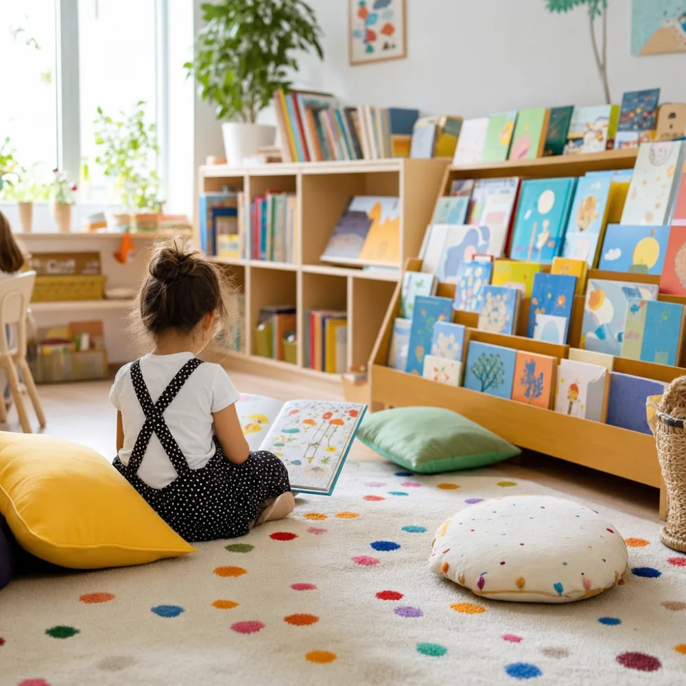 Cozy book corner with cushions and low shelves of picture books