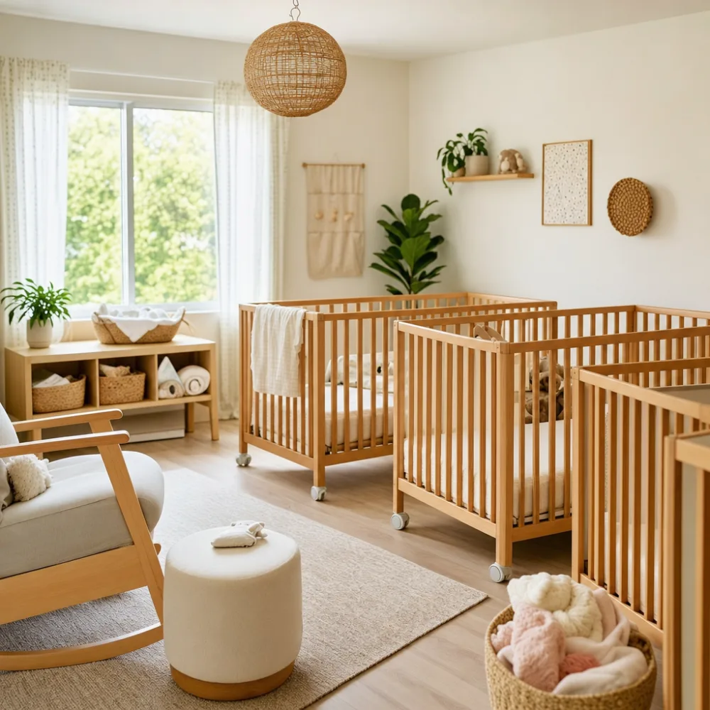 Calm, sunlit infant room with cribs and soft neutral bedding