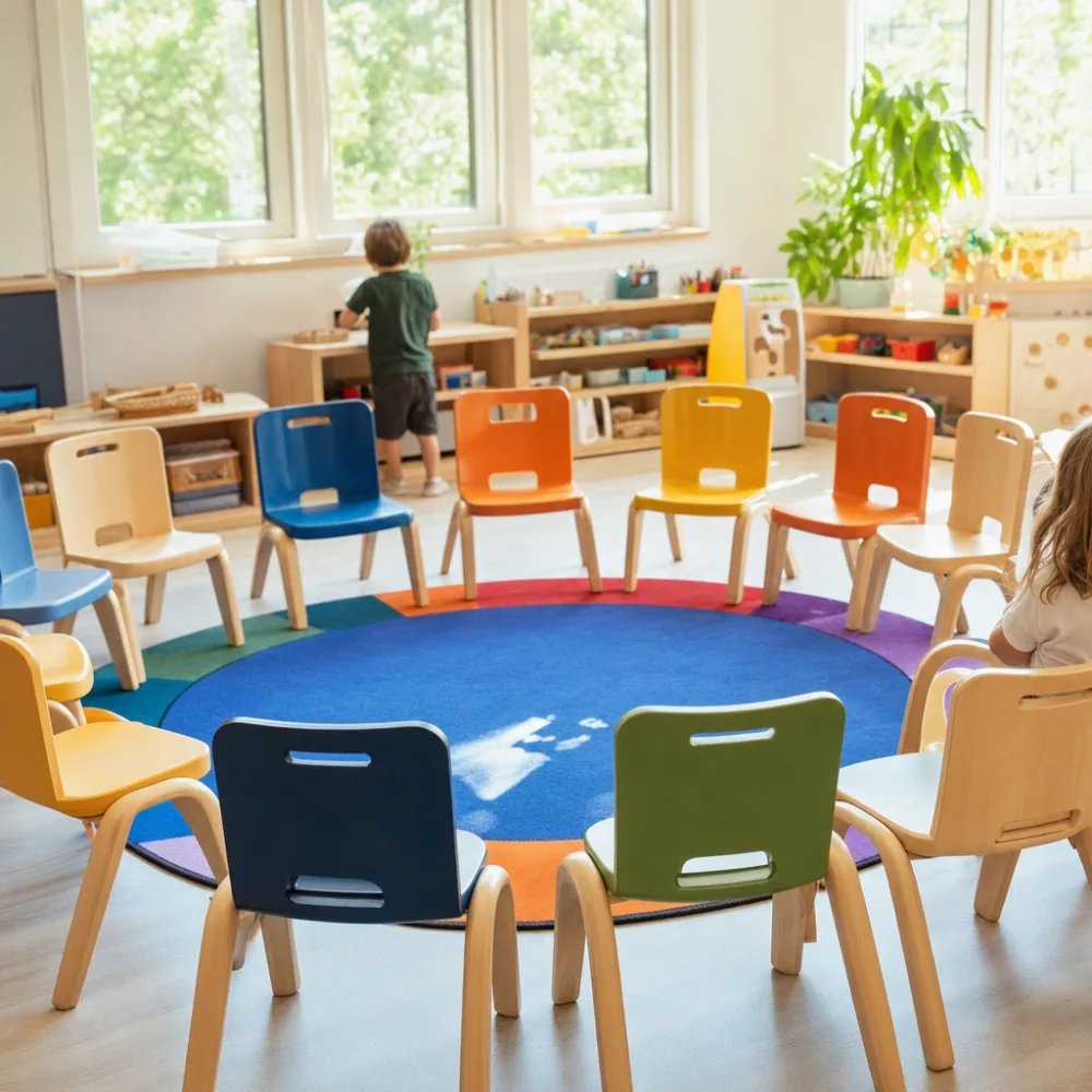 Pre-K learning circle with small chairs arranged around a rug