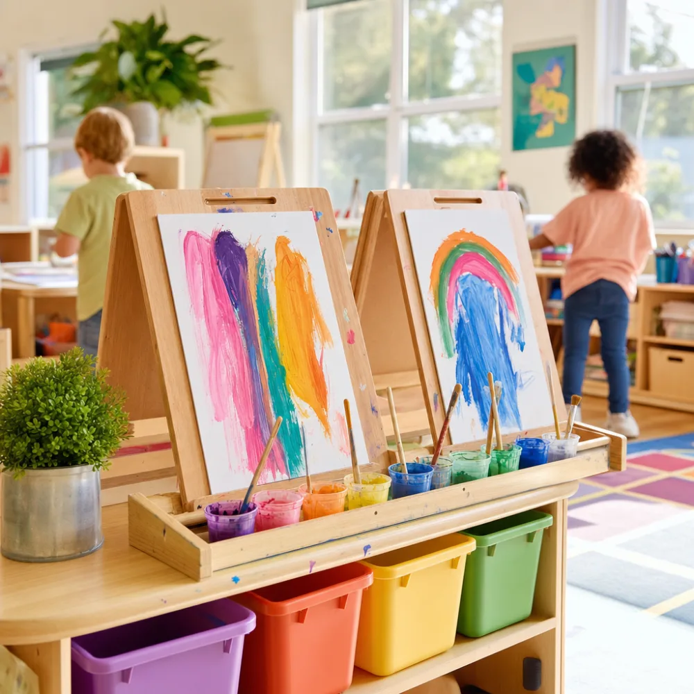 Early-preschool art corner with small easels and jars of crayons