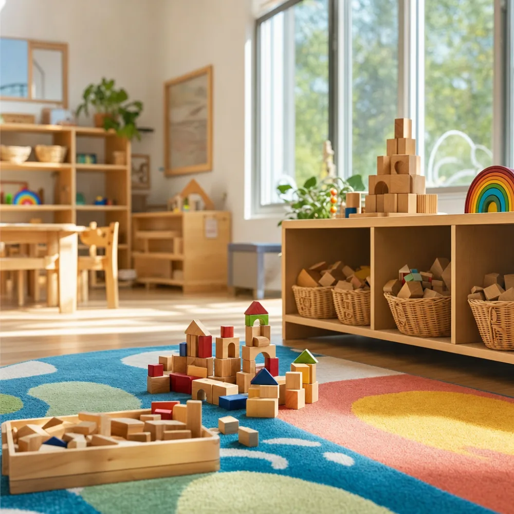 Toddler play area with wooden blocks arranged on a colorful rug